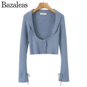 Bazaleas Obchod Traf Ženy Vesty U-Krku Úsek Cardigan Trúby Rukáv Sveter Tesný Knitwear 2023 Úradný Oblečenie