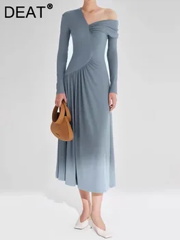DEAT Módne dámske Šaty tvaru Skladaný Dlhé Rukávy Pás Retrakcia Modrá Asymetrický Bavlnené Šaty na Jeseň Roku 2023 Nové 17A6609