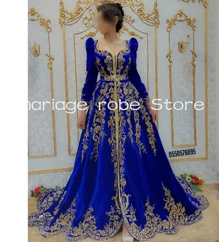 Kráľovská Modrá Caftandz Moslimských Prom Šaty, Dlhý Rukáv Kaftane Algerien Kaftan Čipky Nášivka Korálkové Arabský Večer Formálne Šaty
