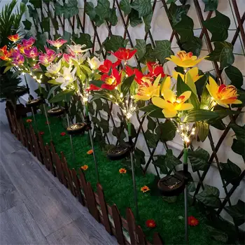 LED Orchidea Solárne Lampy Vonkajšie Osvetlenie Nepremokavé Trávnik Svetlo Warm Light Senzor Poschodí Lampa Garden Park Chodníky Dekorácie
