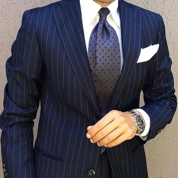 Pánske Obleky, Saká Prúžok Námorníckej Modrej s Drážkou Klope Singel svojim Svadobné Terno Oblečenie, Luxusné Masculino Kostým Homme Slim Fit